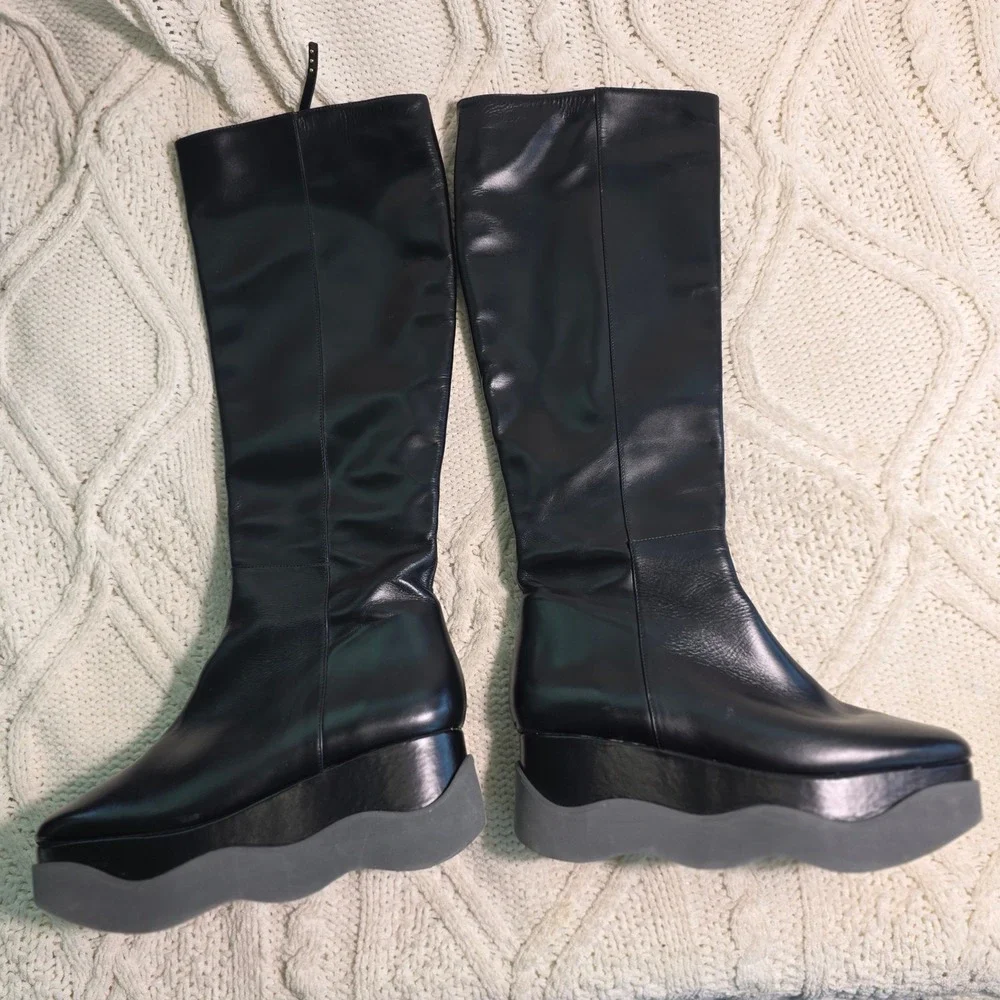 Paloma Barcelo 2 Platform‎ Wedge Knee High Boots Black Leather Womens 40 9-9.5